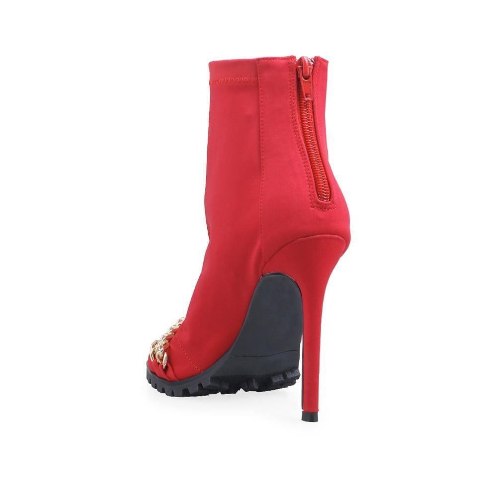 Red ankle boots with back zipper and open toe - posterior view