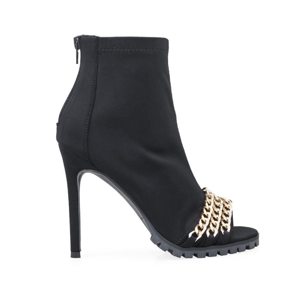 Black ankle boots With Open Toe and Chain - side view