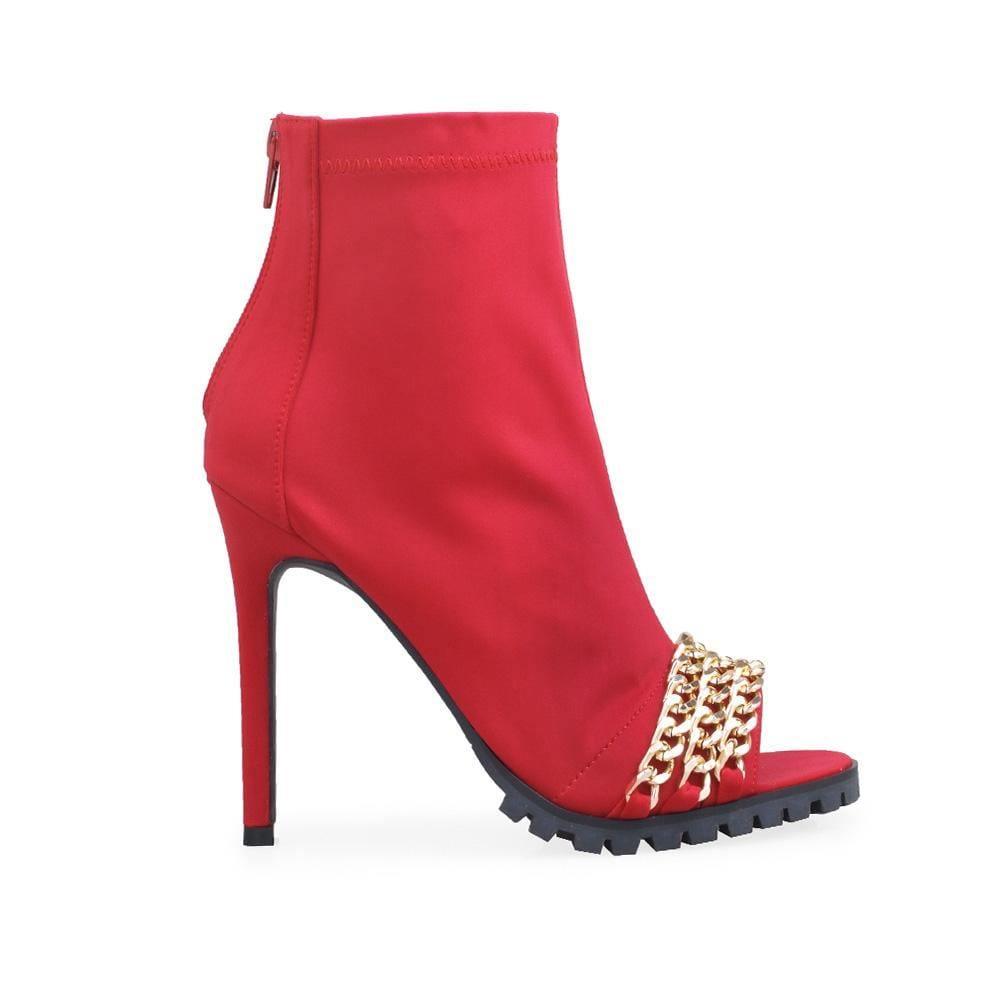 Red ankle boots with back zipper and open toe - side view