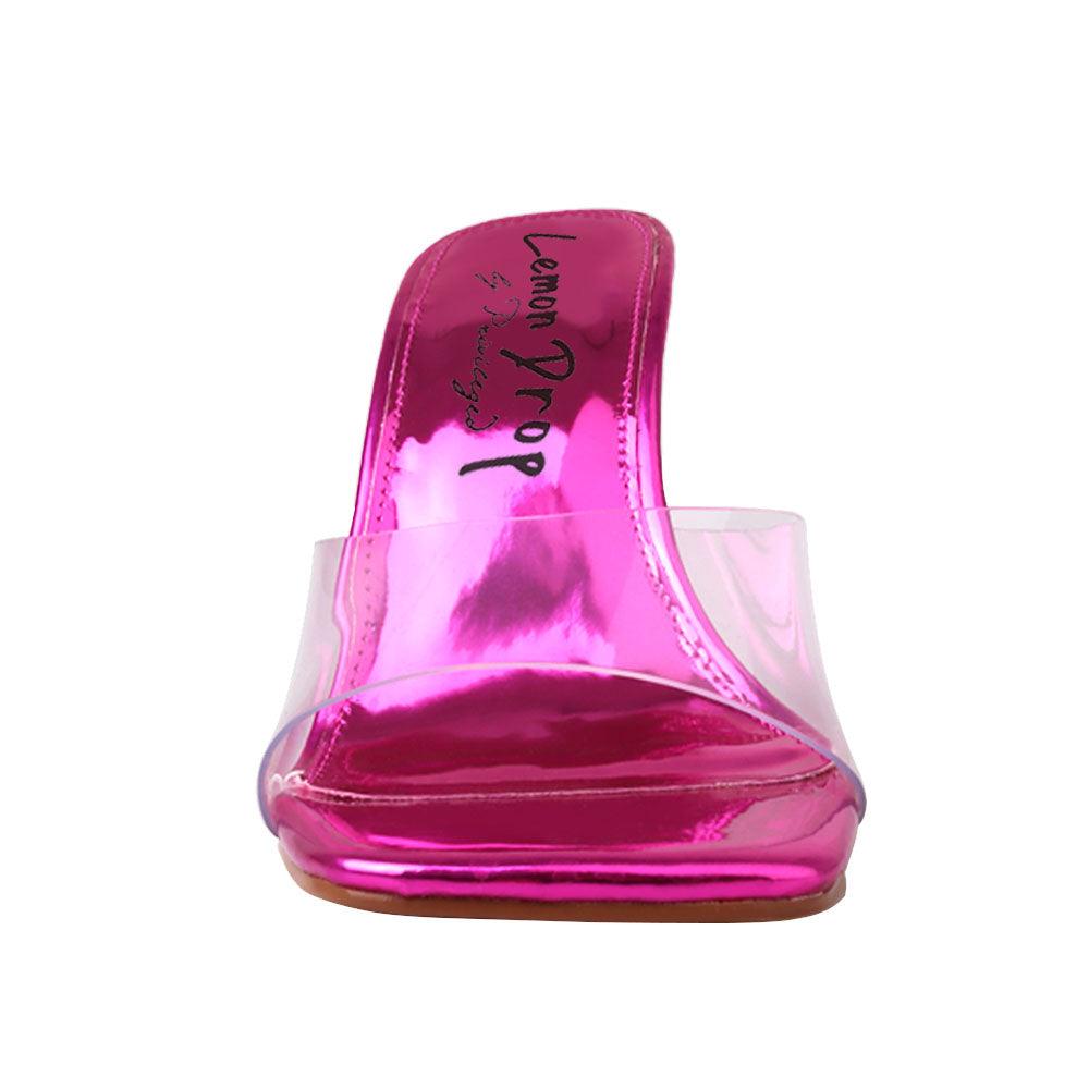 Fuchsia colored women heels with transparent top - front view