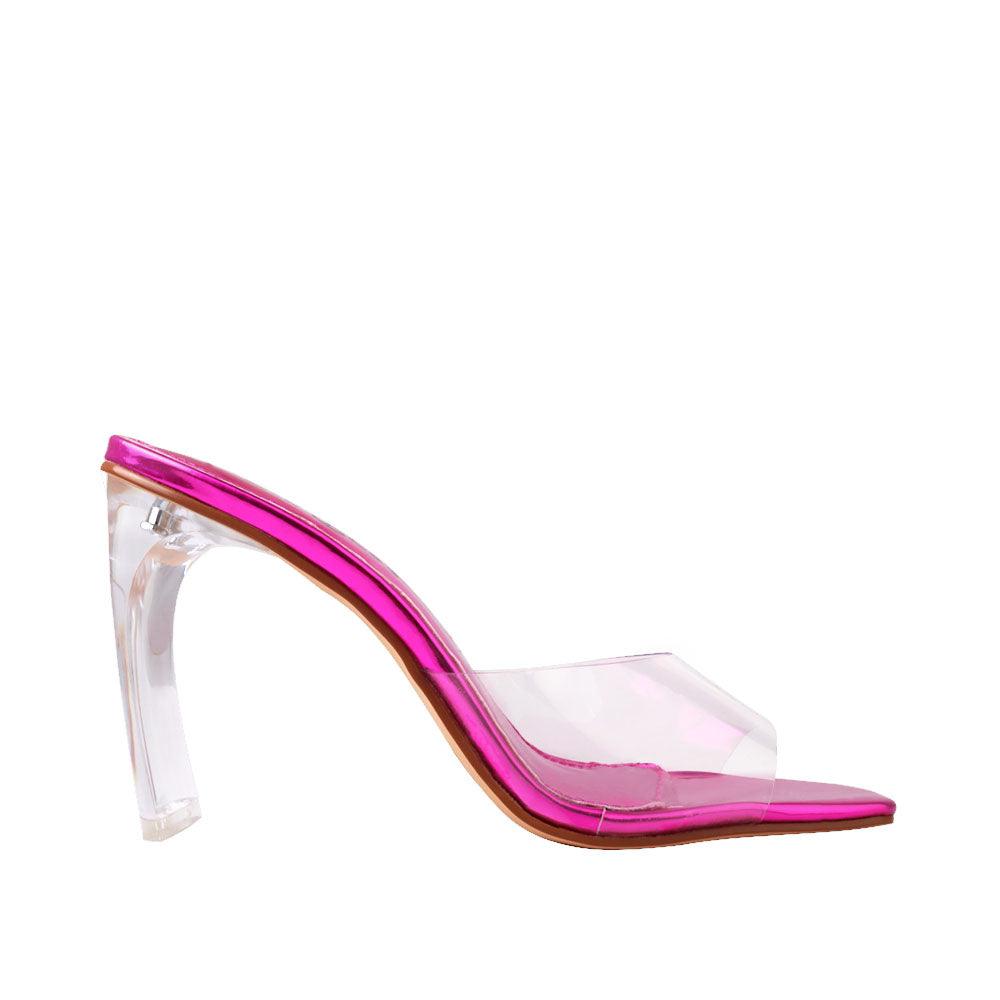 Fuchsia colored women heels with transparent top - side view