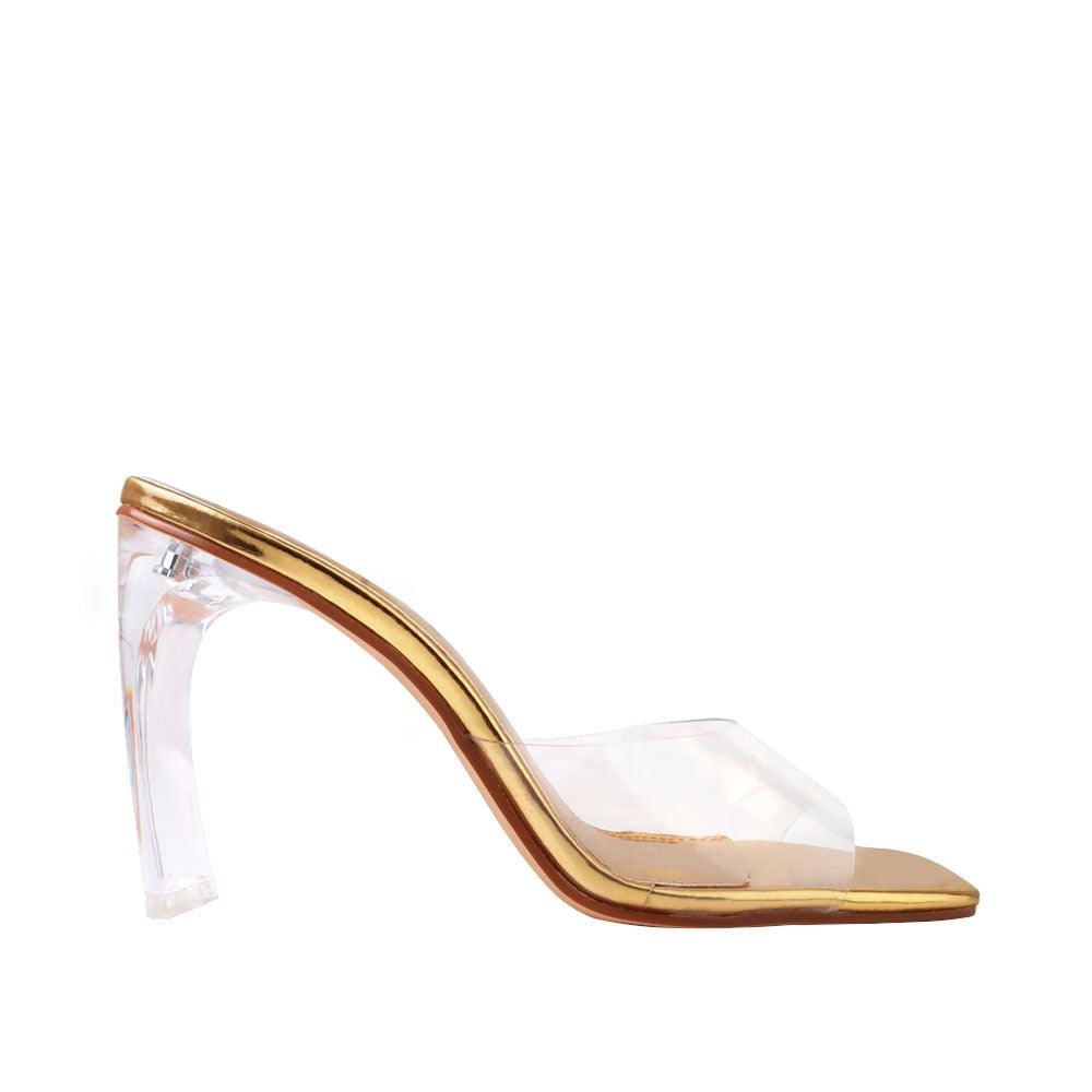 Golden heels with transparent top - side view