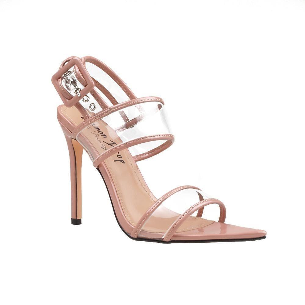 Nude colored women heels with back buckle - corner view