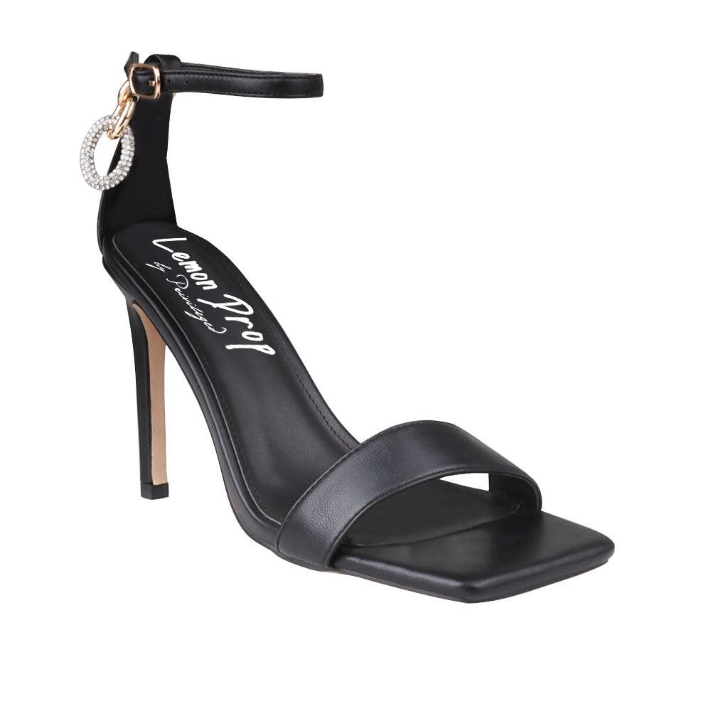 Black women's sandal heels with a Single strap - corner view