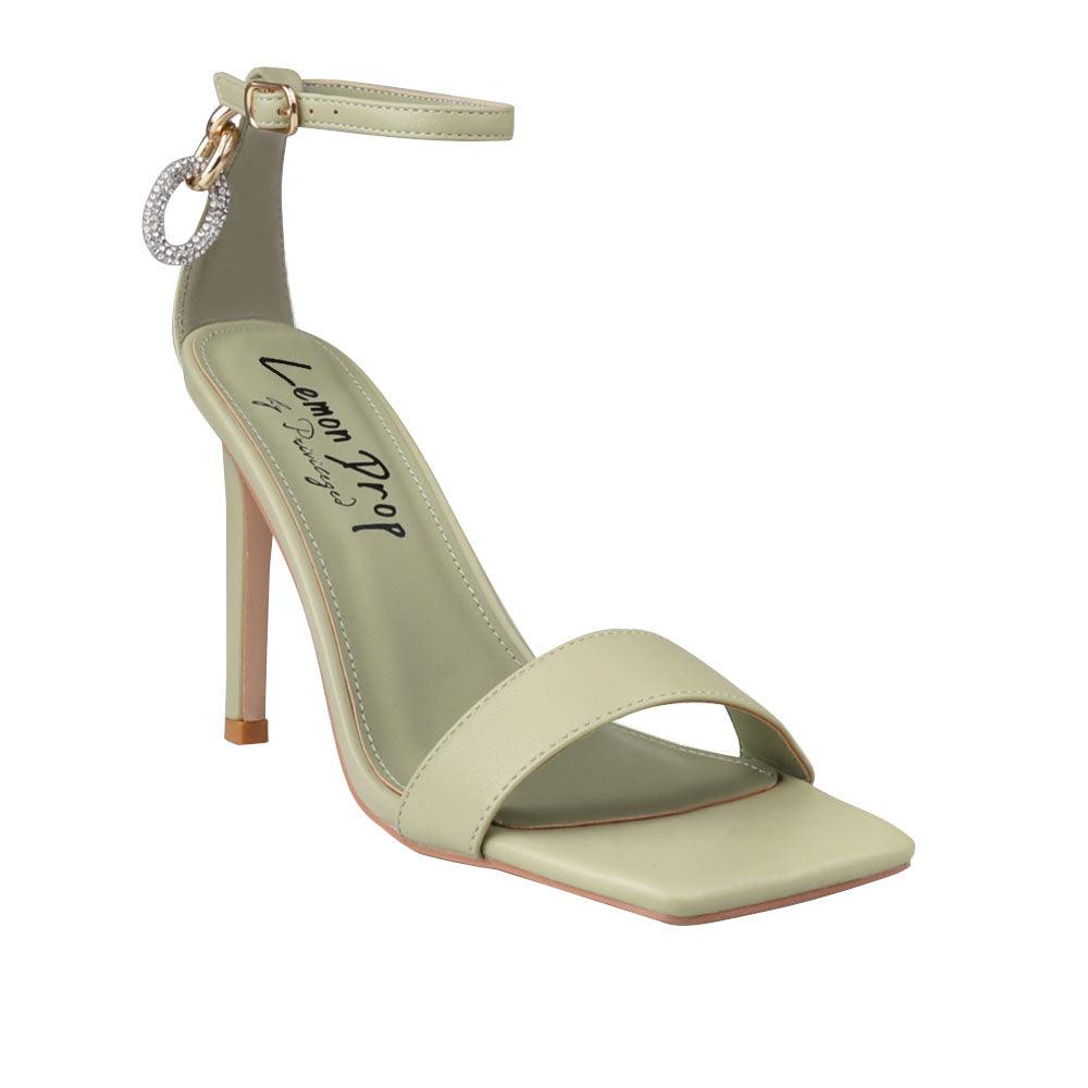 Sage colored women heels with single strap and sandal buckle - corner view