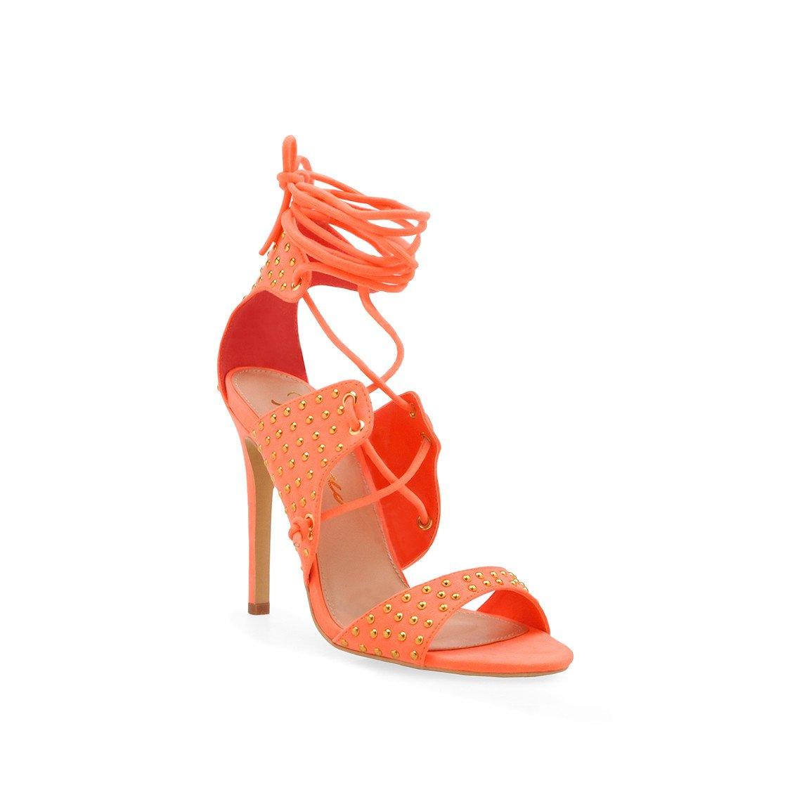 coral-colored Beaded heels for women with wraparound ankle straps - corner view