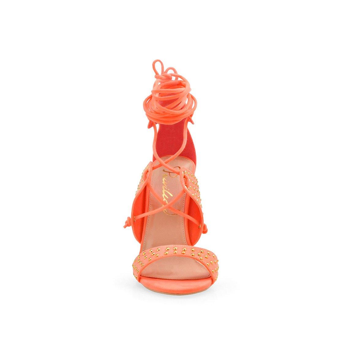 coral-colored Beaded heels for women with wraparound ankle straps - front view