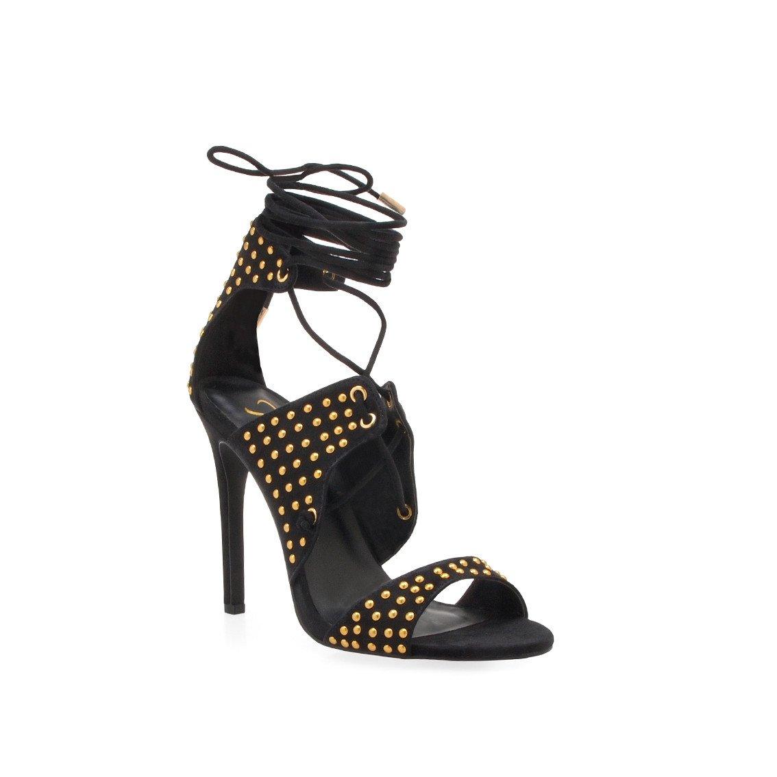 Black-colored Women's wraparound ankle strap beaded heels - corner view