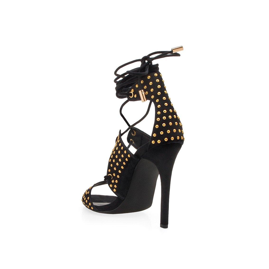 Black-colored Women's wraparound ankle strap beaded heels - posterior view