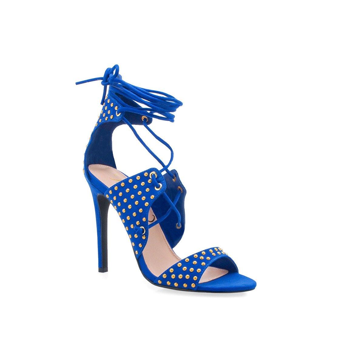 Royal Blue Beaded women's heels with wrap ankle straps - corner view