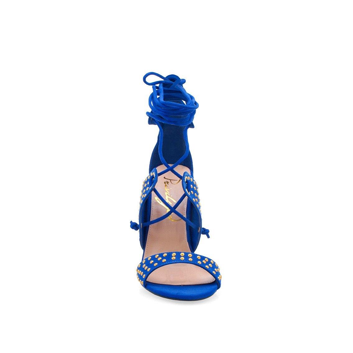 Royal Blue Beaded women's heels with wrap ankle straps - front view