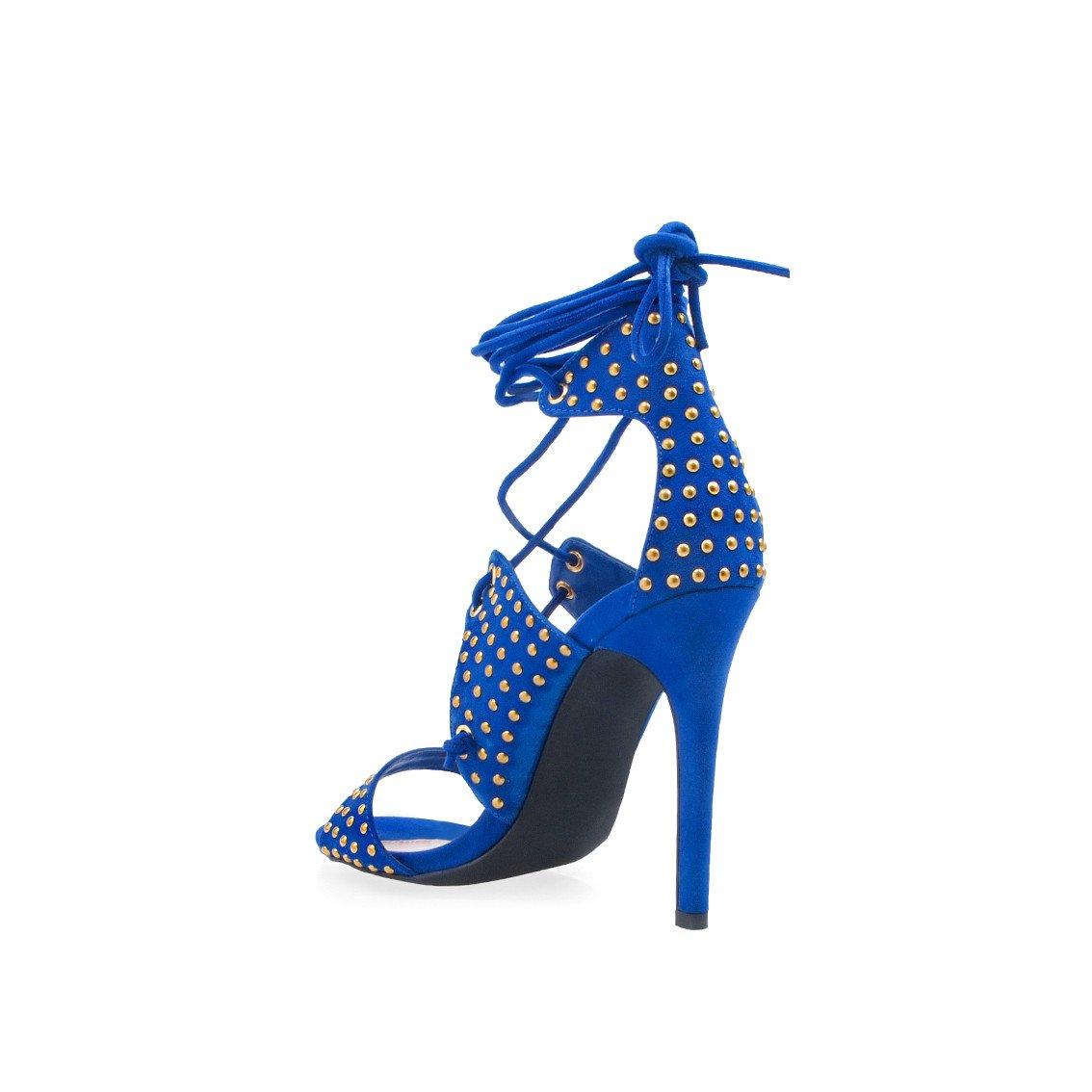 Royal Blue Beaded women's heels with wrap ankle straps - posterior view