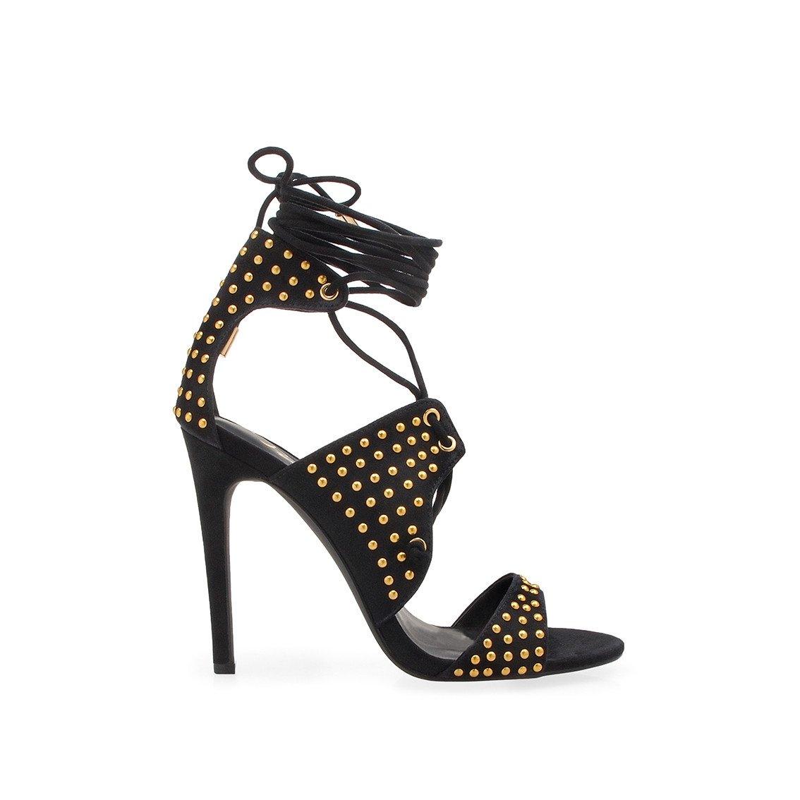 Black-colored Women's wraparound ankle strap beaded heels - side view