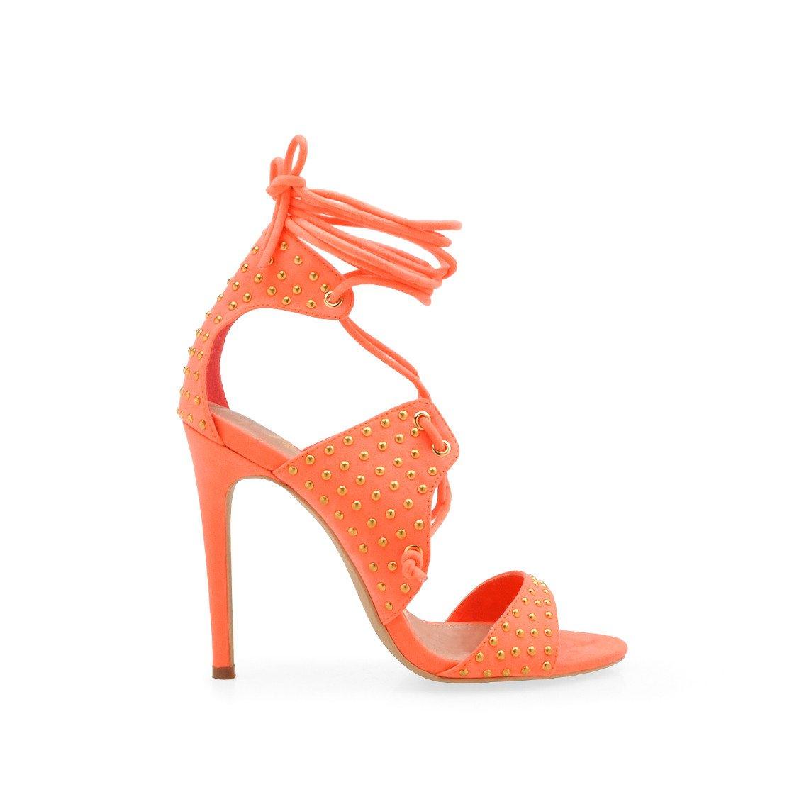 coral-colored Beaded heels for women with wraparound ankle straps - side view