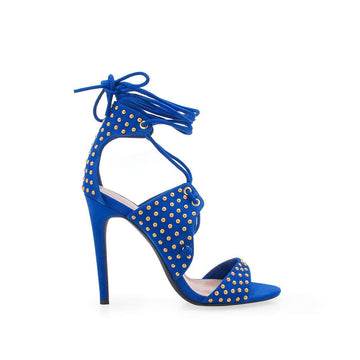 Royal Blue Beaded women's heels with wrap ankle straps - side view