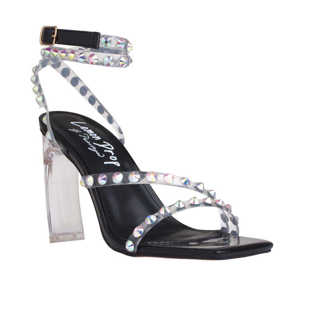 Beaded ankle strap heels with open toe and buckle in black color - corner view