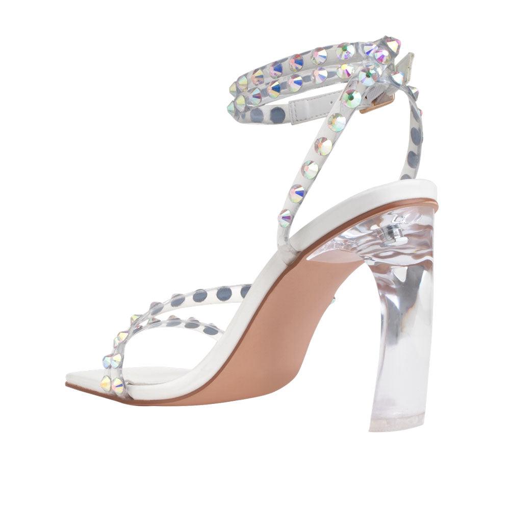 white colored heels with an open toe, beaded ankle straps, and buckle - posterior view