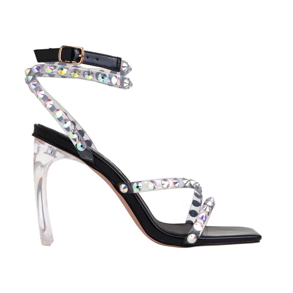 Beaded ankle strap heels with open toe and buckle in black color - side view