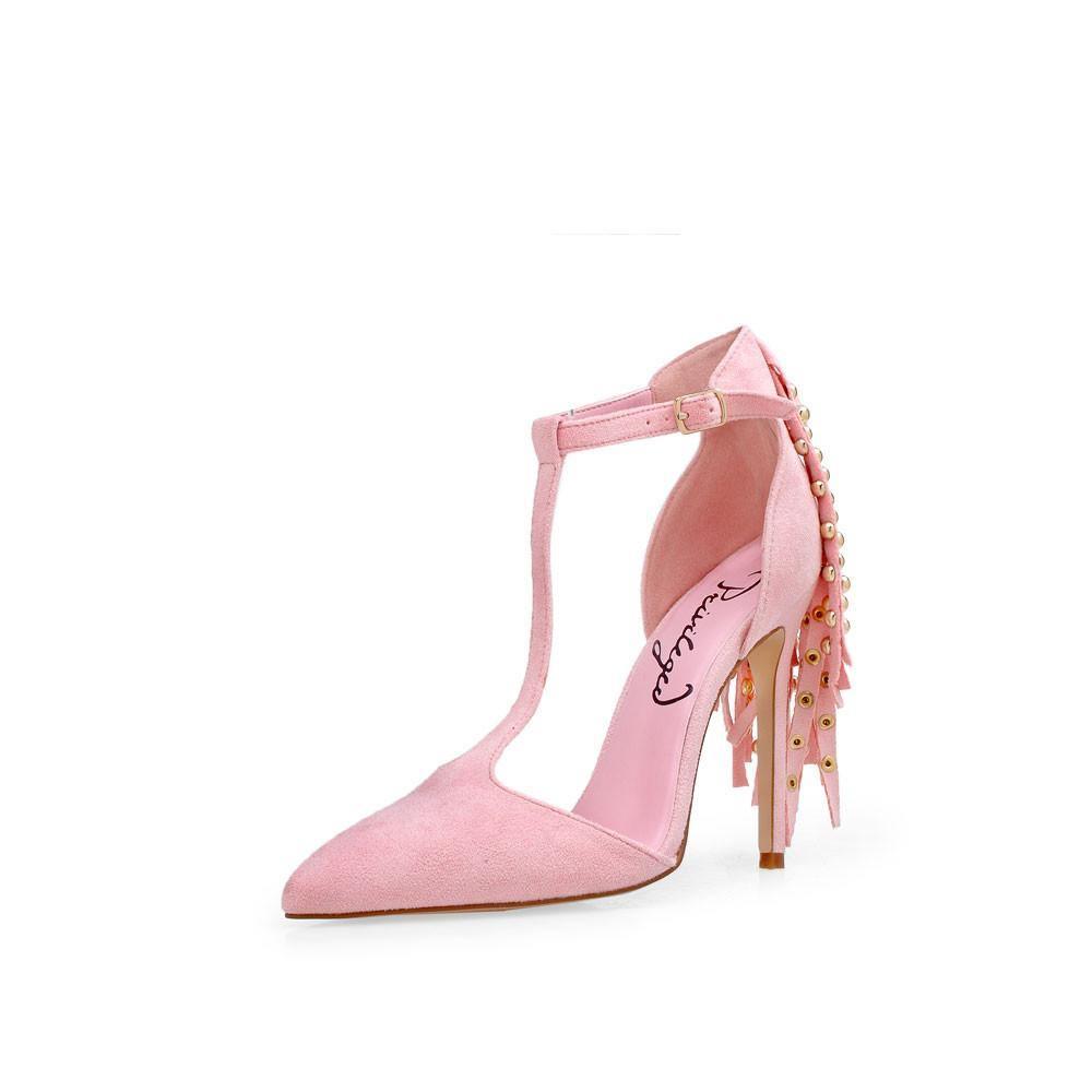 Light pink T-strap heels with a pointed toe and metallic gold studs design-corner view