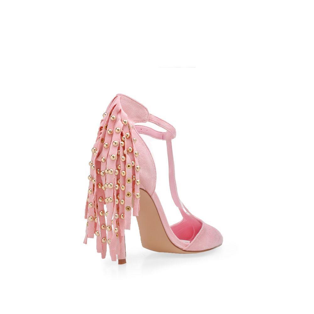 Light pink T-strap heels with a pointed toe and metallic gold studs design-posterior view