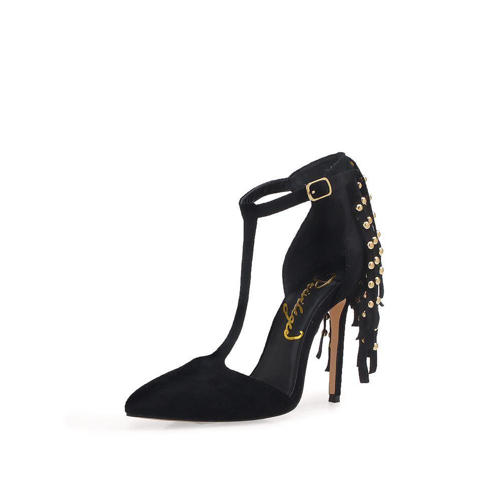 Anais - PrivilegedPlain black t-strap heels with metallic gold studs behind the buckle-corner view