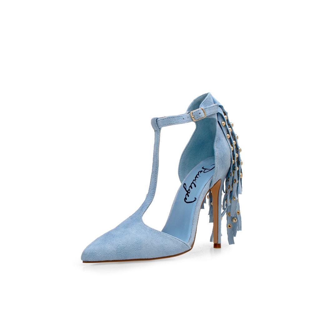 T-strap heels in light blue color with a metallic gold stud design on buckle-corner view