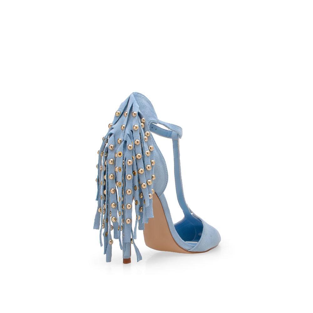 T-strap heels in light blue color with a metallic gold stud design on buckle-posterior view