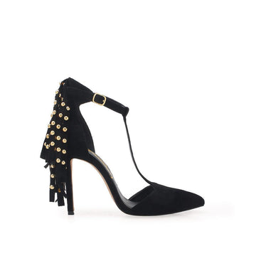Plain black t-strap heels with metallic gold studs behind the buckle-side view