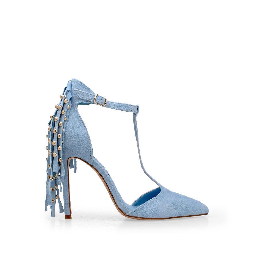 T-strap heels in light blue color with a metallic gold stud design on buckle-side view