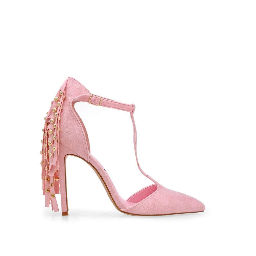 Light pink T-strap heels with a pointed toe and metallic gold studs design-side view