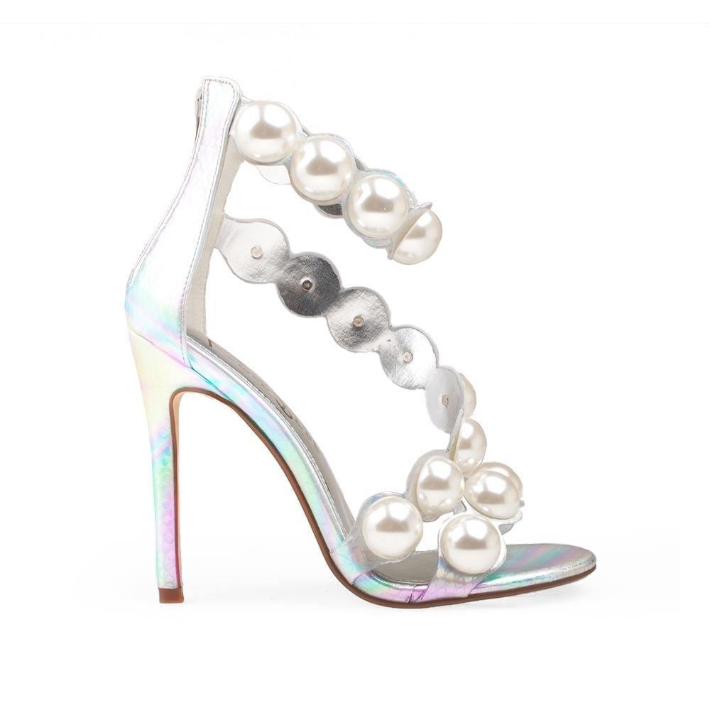 Women's silver colored heels with a back zipper and a strap design made of large pearls - side view