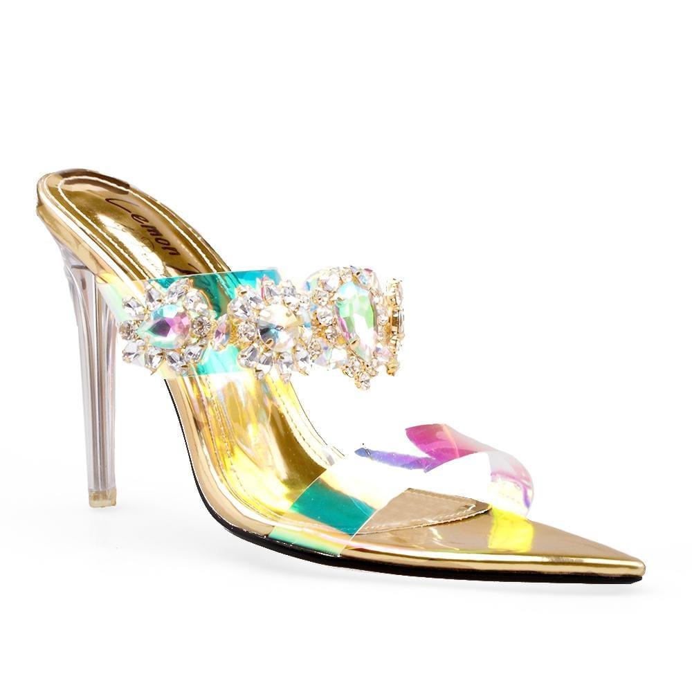 Golden women's heels with a multicolored strap and gleaming gemstone-corner view