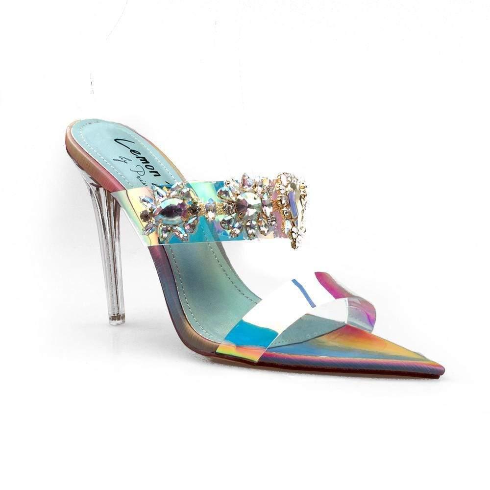 Women's heels in multi-blue with a back zipper and a sparkling gemstone strap design-corner view