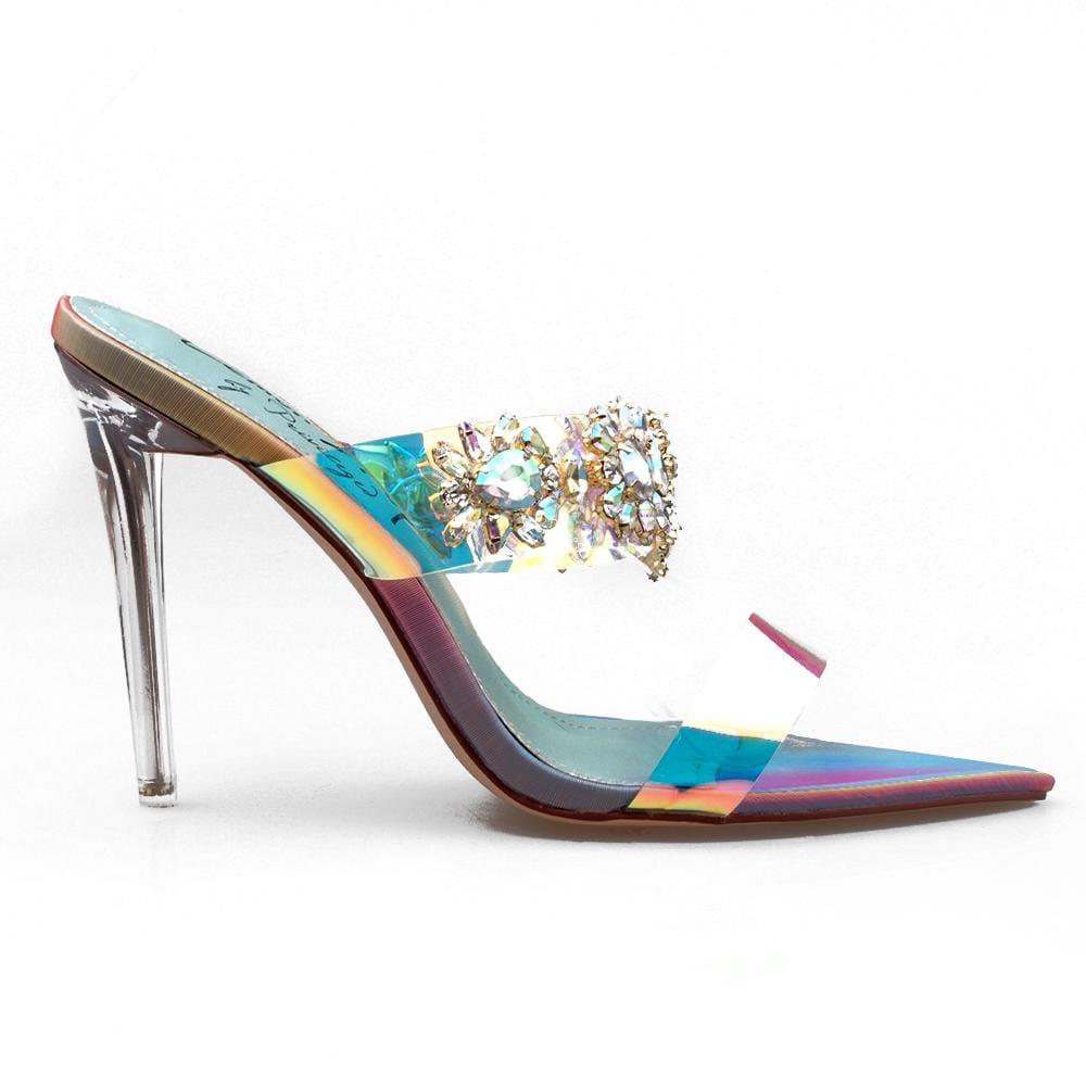 Women's heels in multi-blue with a back zipper and a sparkling gemstone strap design-side view