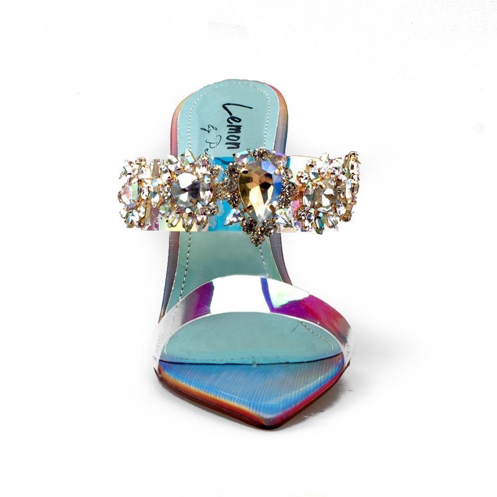 Women's heels in multi-blue with a back zipper and a sparkling gemstone strap design-front view