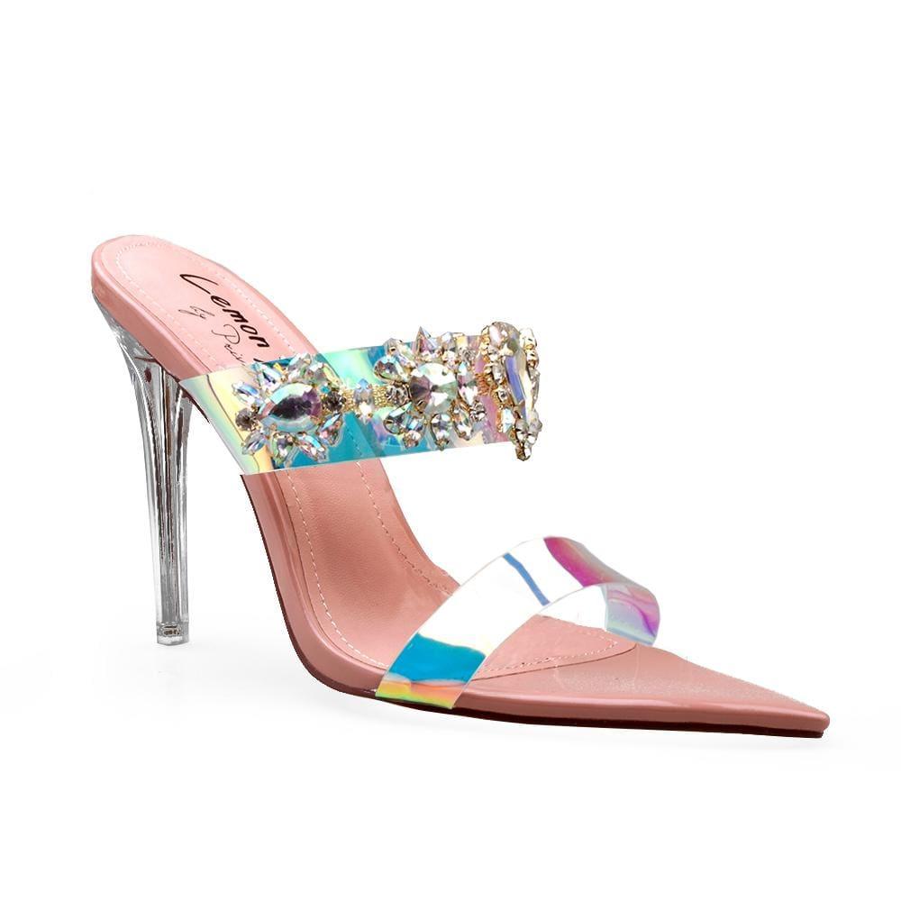 Nude colored women heels with shiny gemstone and multi-colored strap-corner view