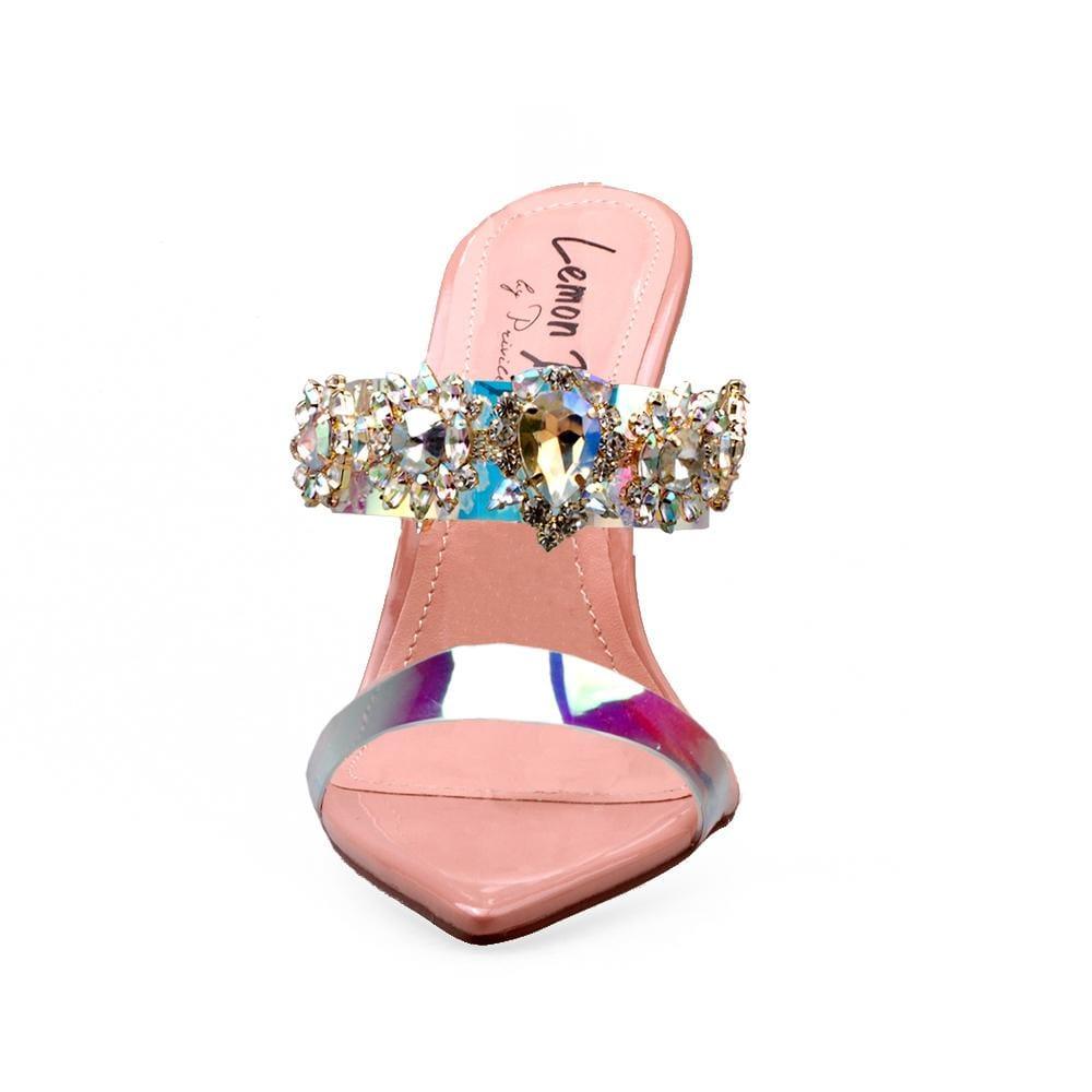 Nude colored women heels with shiny gemstone and multi-colored strap-front view