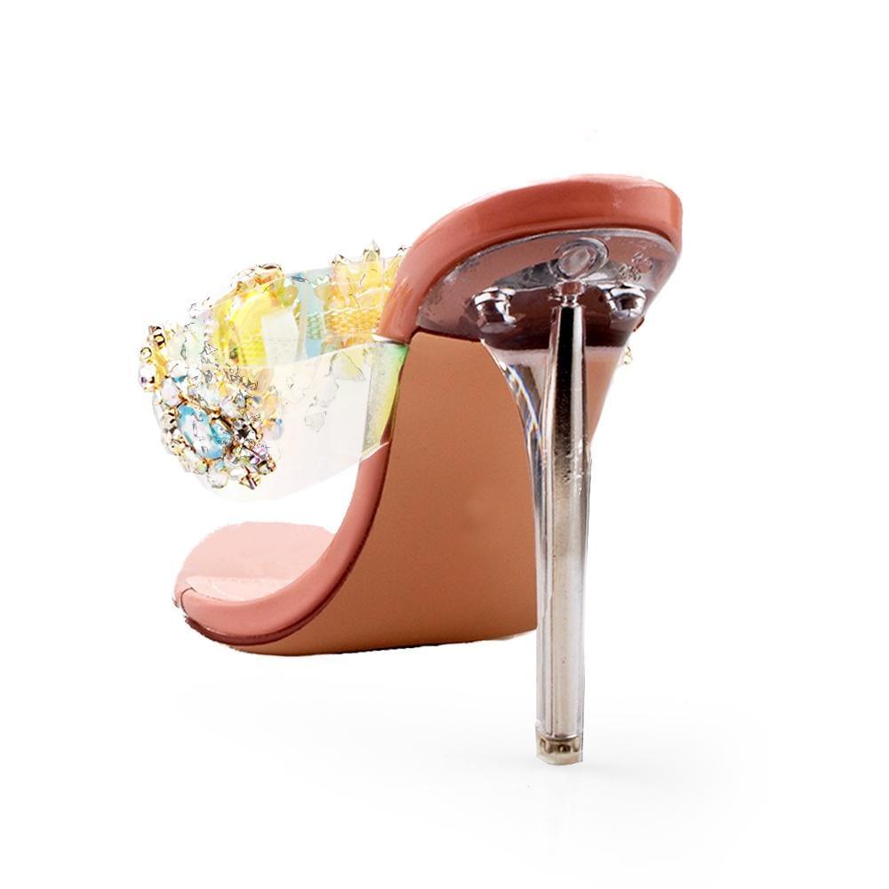 Nude colored women heels with shiny gemstone and multi-colored strap-posterior view