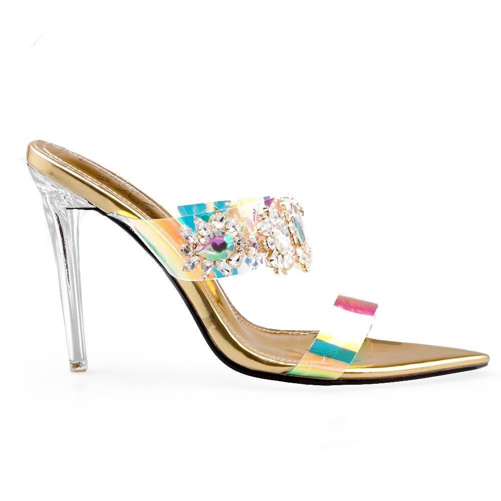 Golden women's heels with a multicolored strap and gleaming gemstone-side view