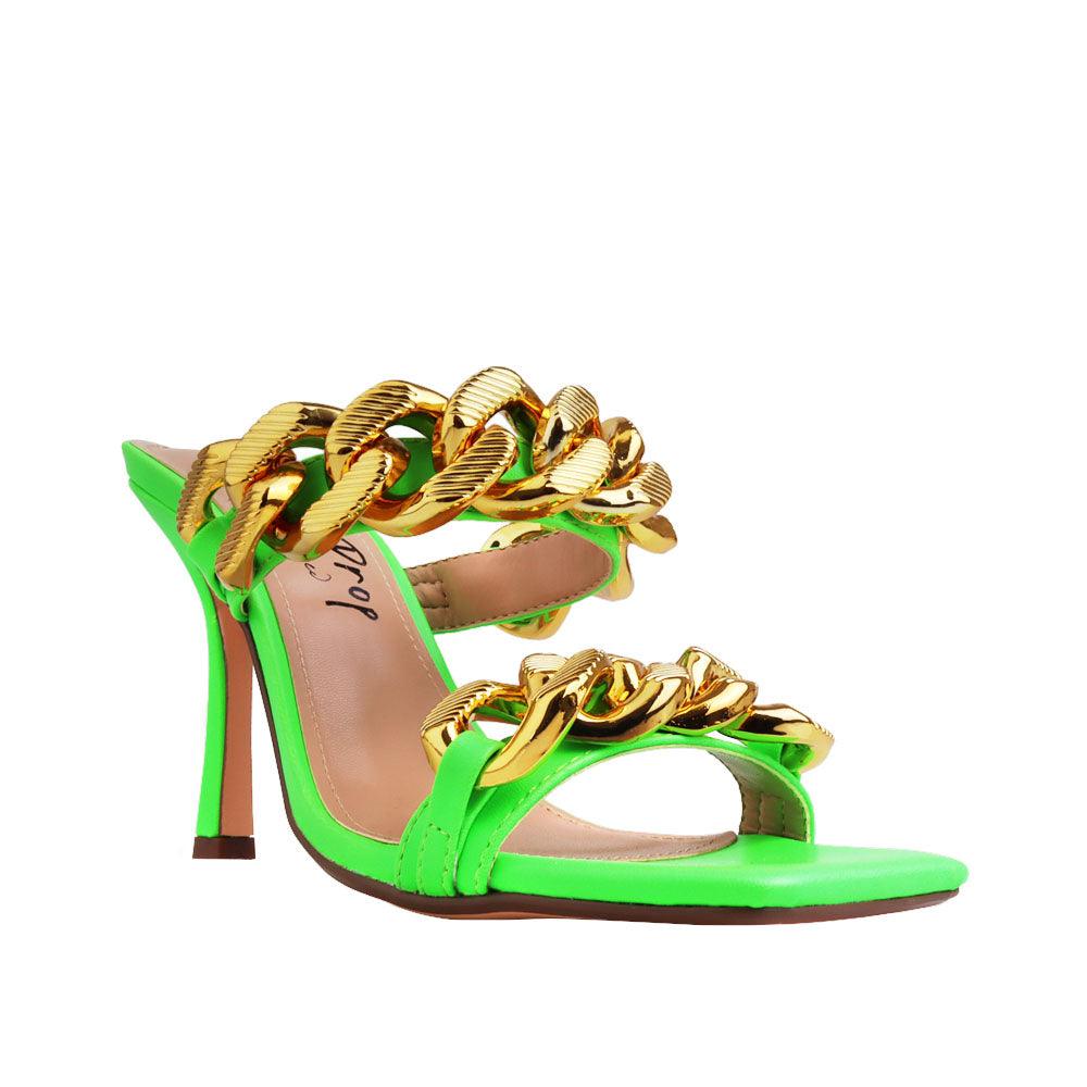 Neon Green high heels for women with a gold dual chained strap-corner view