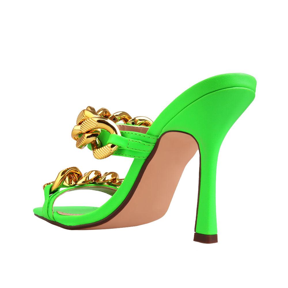 Neon Green high heels for women with a gold dual chained strap-posterior view