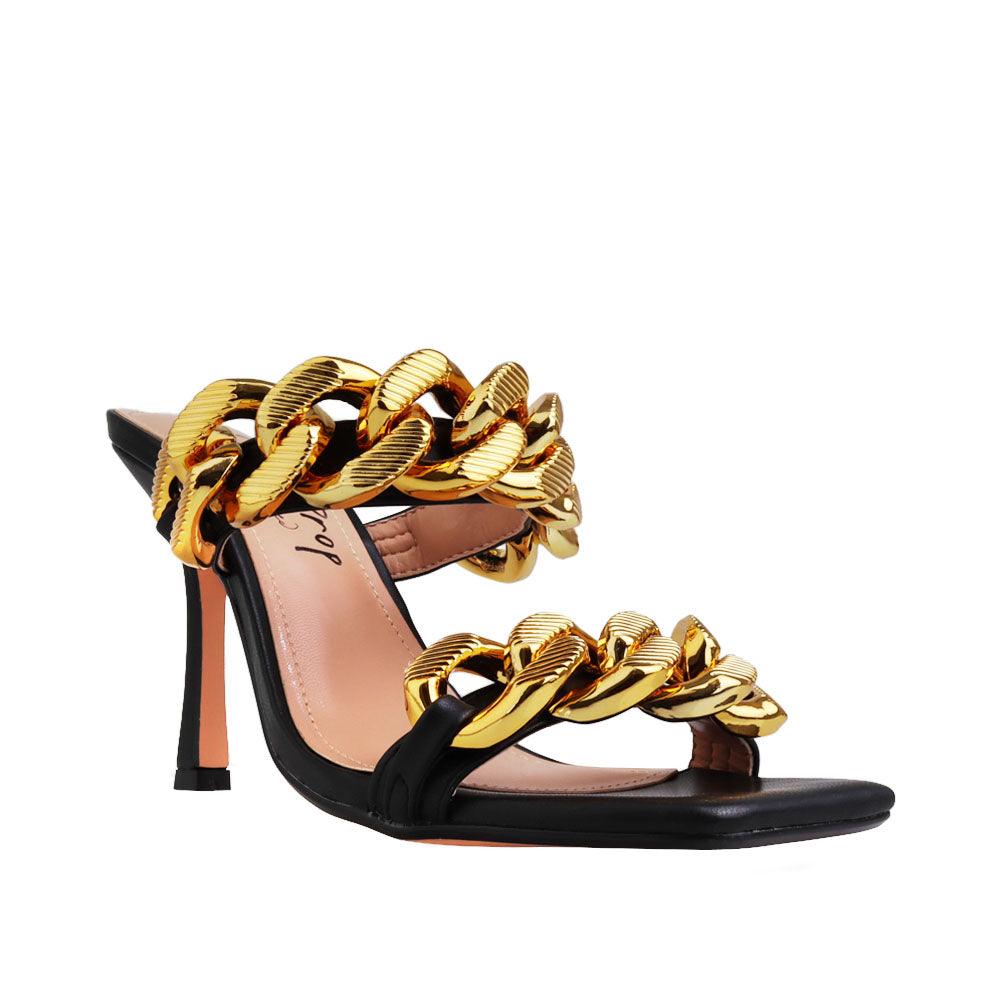 golden dual chained strap with black women's high heels-corner view