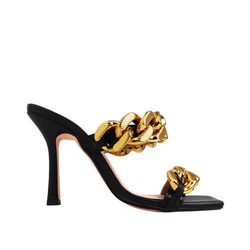 golden dual chained strap with black women's high heels-side view