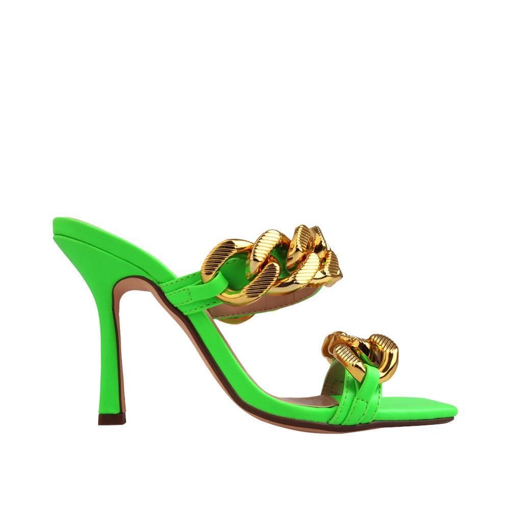 Neon Green high heels for women with a gold dual chained strap-side view