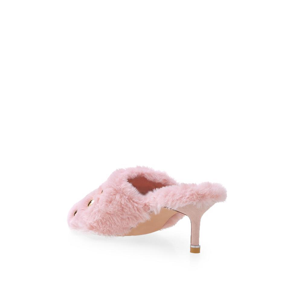 Women's metallic gold stud heels in pink color with a shearling upper-posterior view