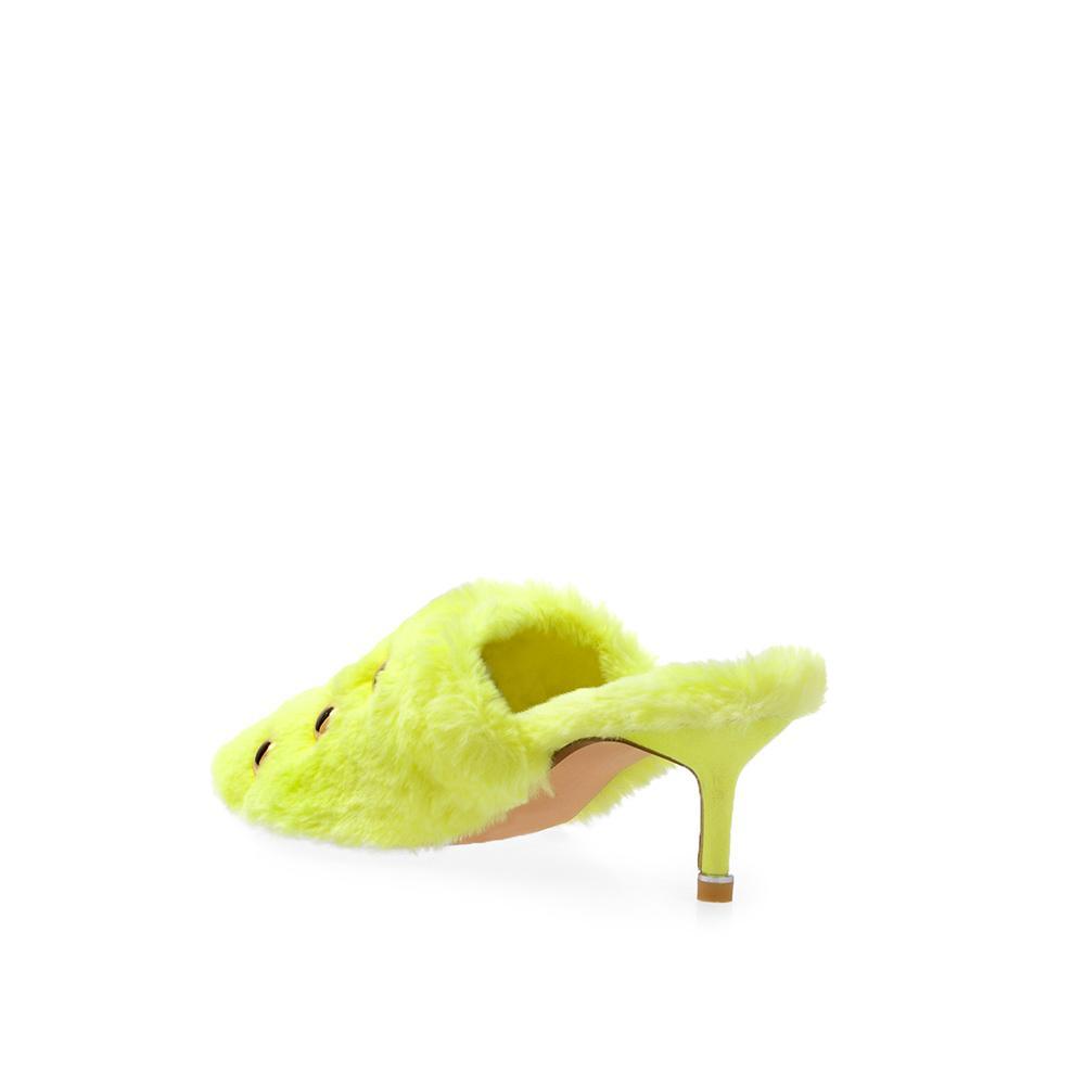 Yellow colored women's metallic gold stud heels with a shearling upper-posterior view