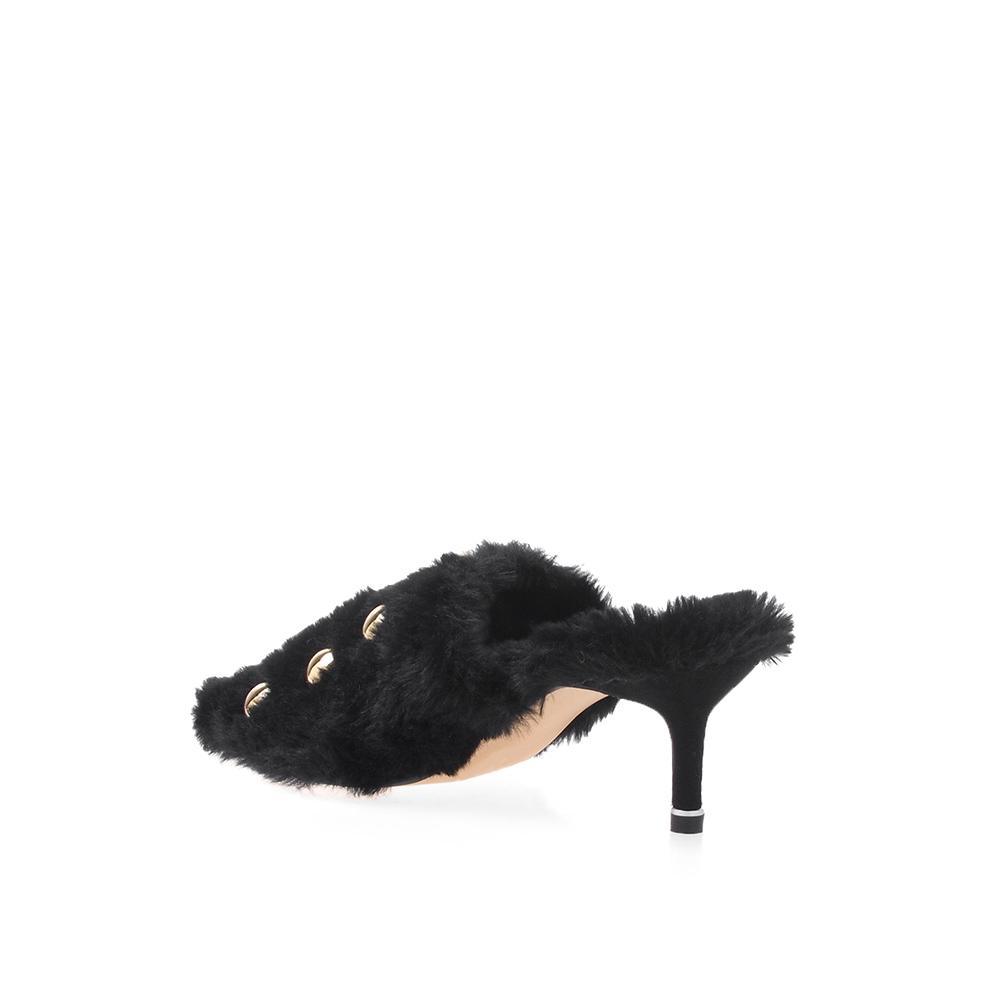 Black colored metallic gold stud heels for women with a shearling upper-posterior view