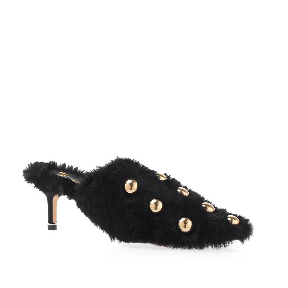 Black colored metallic gold stud heels for women with a shearling upper-corner view