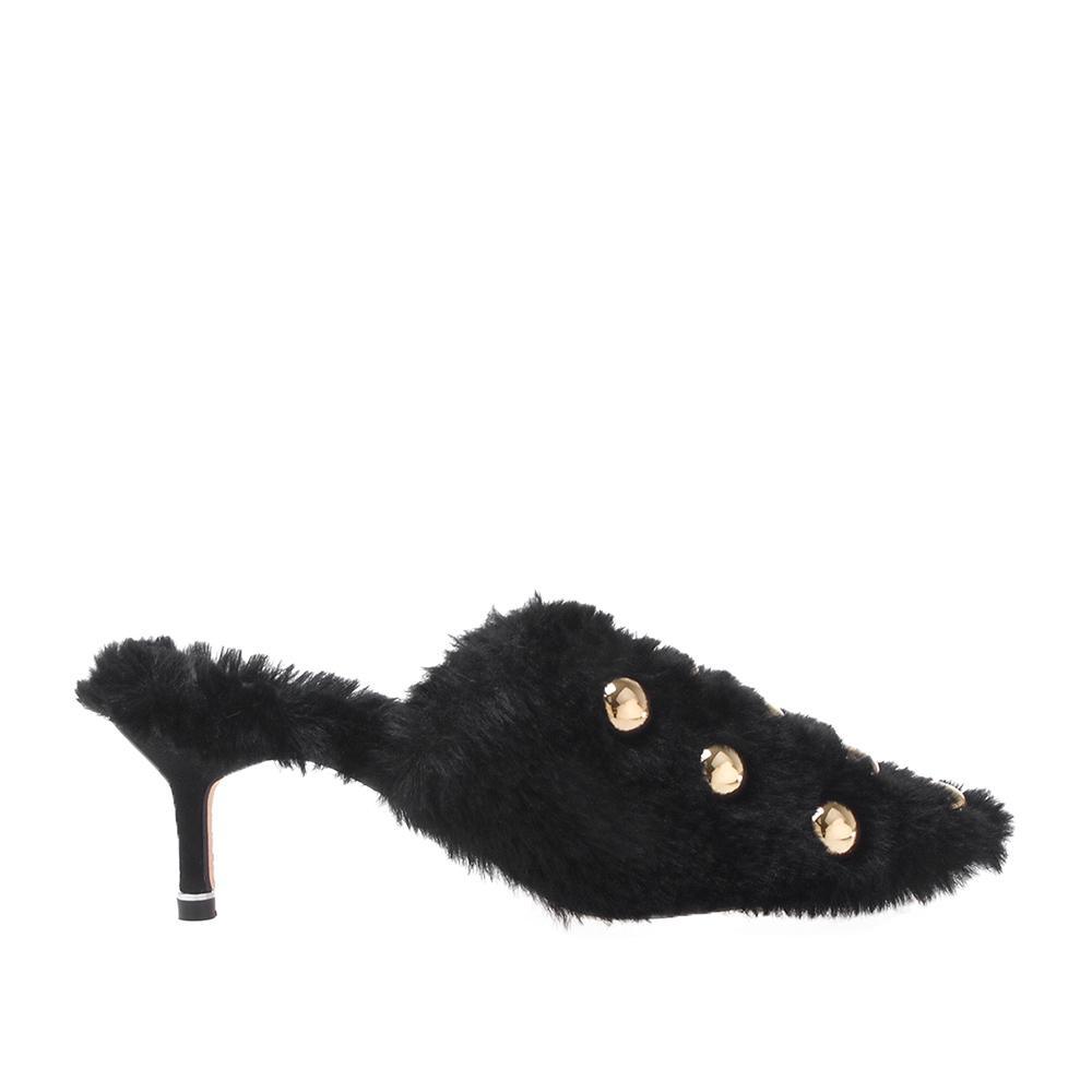 Black colored metallic gold stud heels for women with a shearling upper-side view