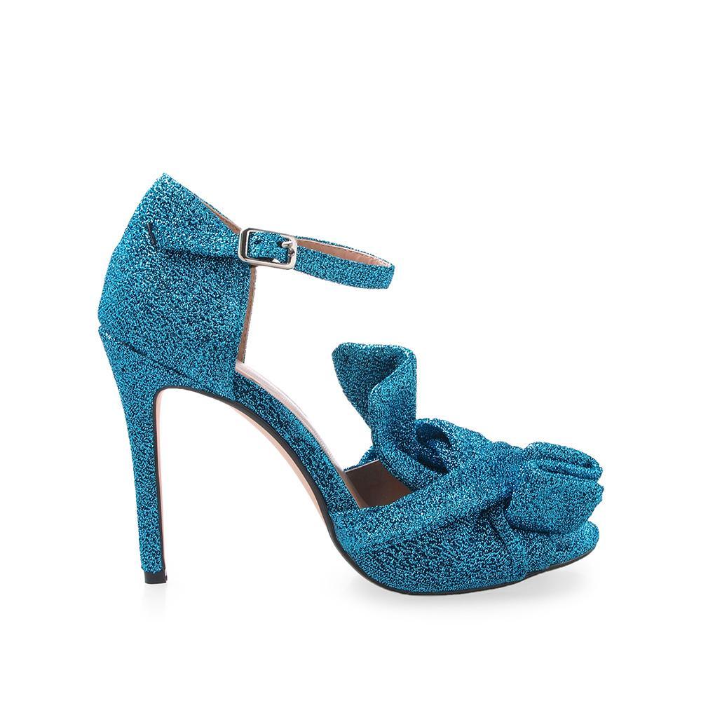 Teal-colored metallic knit upper high heels with knot design and sandal buckle for women.